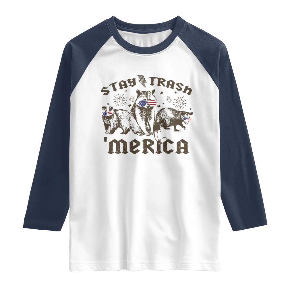 Funny Stay Trash Merica Raglan Shirt 4th Of July Racoon Opossum Badger TS11 White Navy Print Your Wear