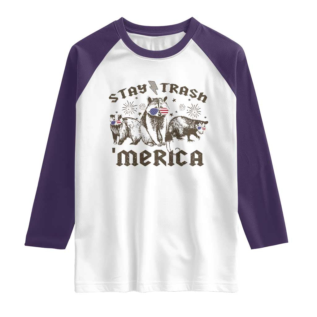Funny Stay Trash Merica Raglan Shirt 4th Of July Racoon Opossum Badger TS11 White Purple Print Your Wear