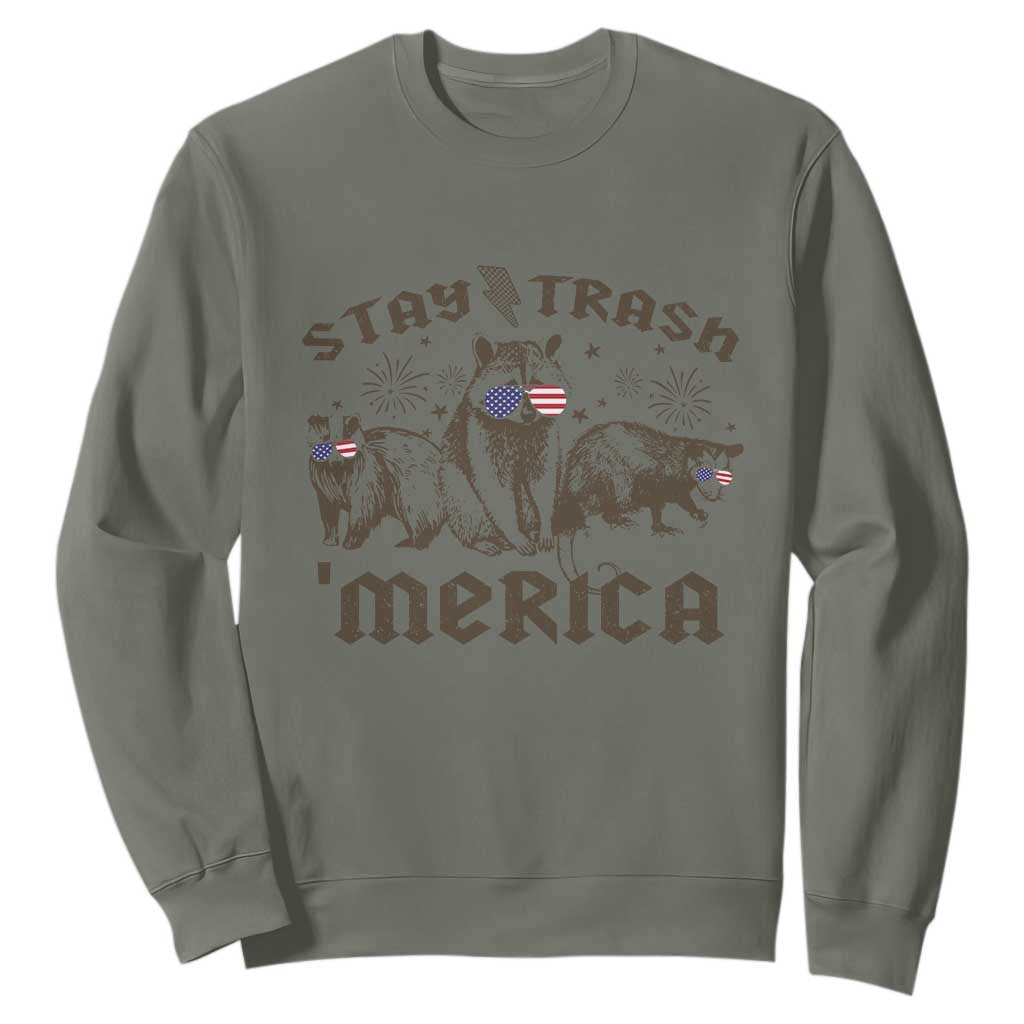Funny Stay Trash Merica Sweatshirt 4th Of July Racoon Opossum Badger TS11 Military Green Print Your Wear