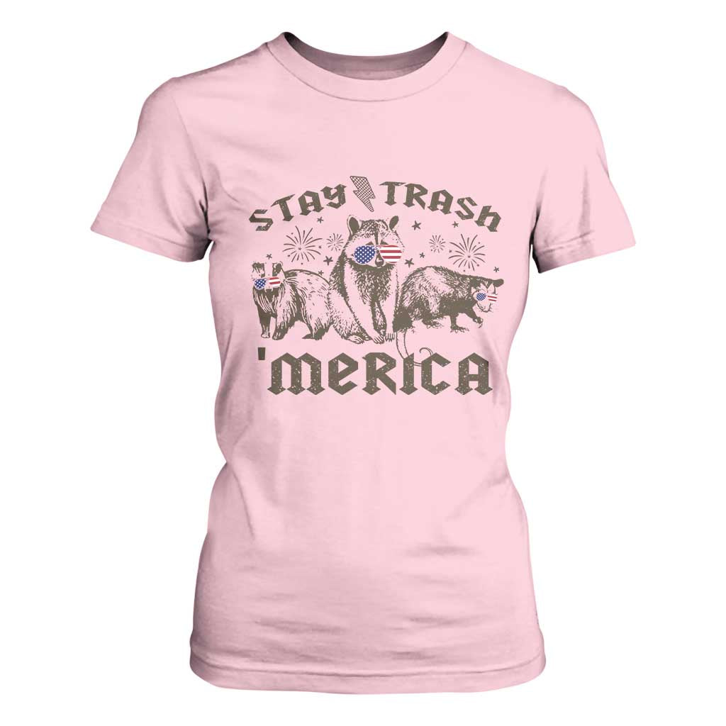 Funny Stay Trash Merica T Shirt For Women 4th Of July Racoon Opossum Badger TS11 Light Pink Print Your Wear