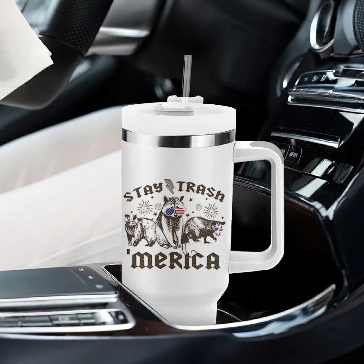 Funny Stay Trash Merica Tumbler With Handle 4th Of July Racoon Opossum Badger TS11 Print Your Wear