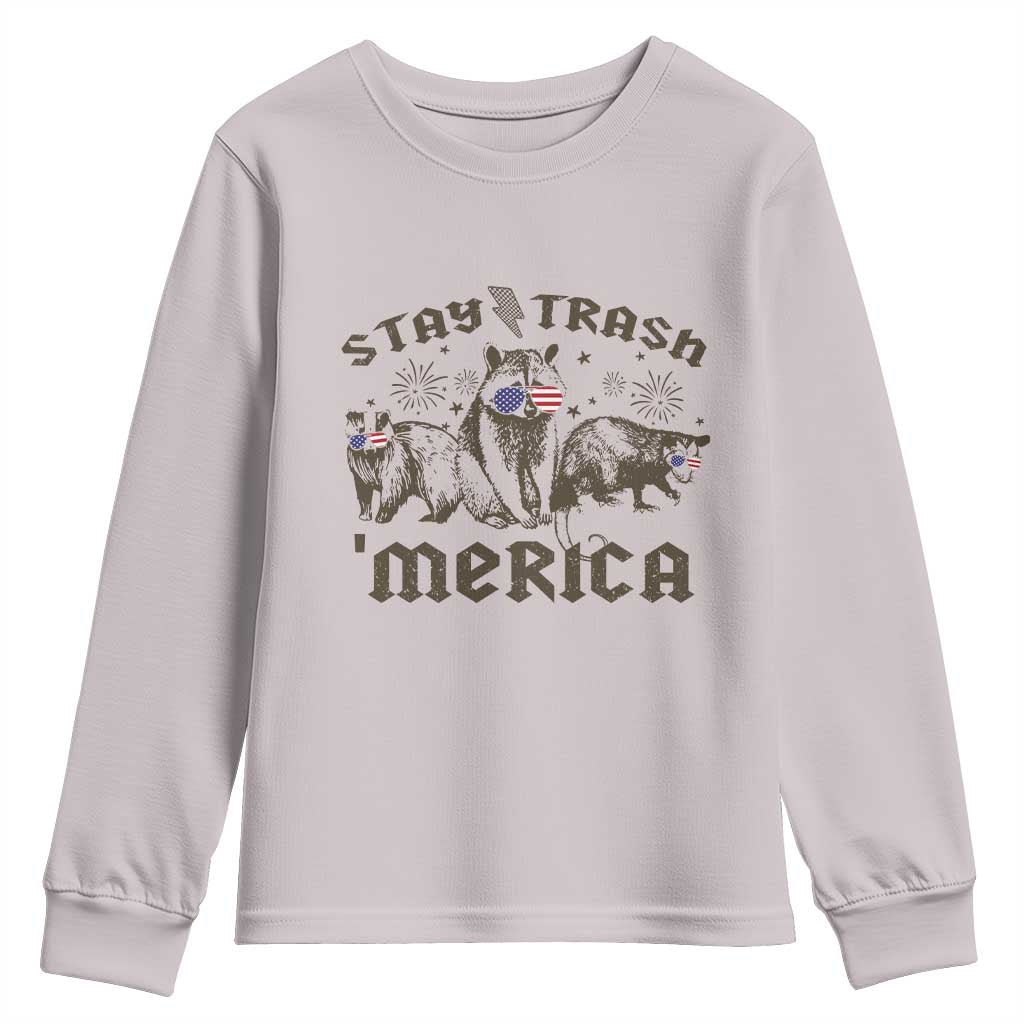 Funny Stay Trash Merica Youth Sweatshirt 4th Of July Racoon Opossum Badger TS11 Ice Gray Print Your Wear