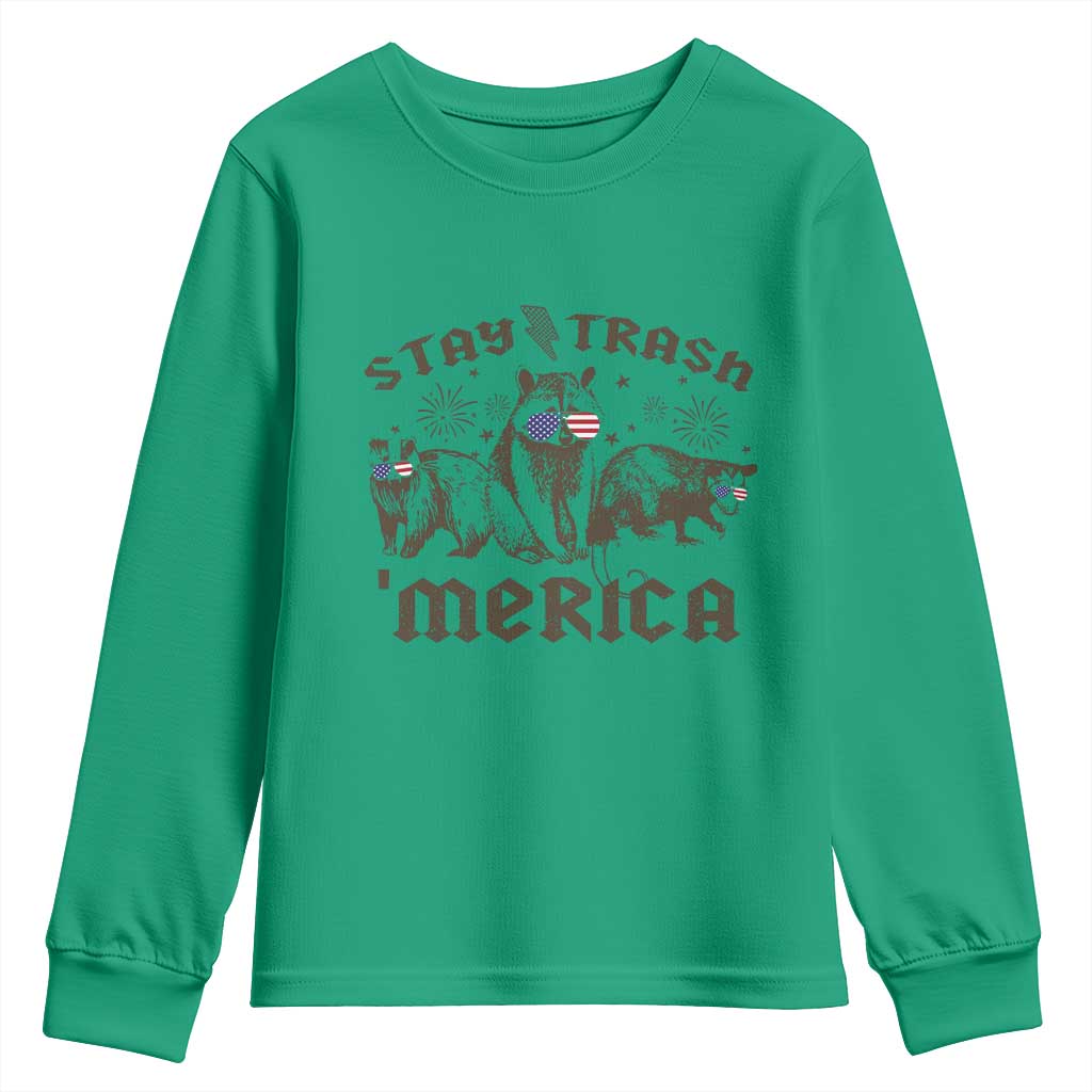 Funny Stay Trash Merica Youth Sweatshirt 4th Of July Racoon Opossum Badger TS11 Irish Green Print Your Wear