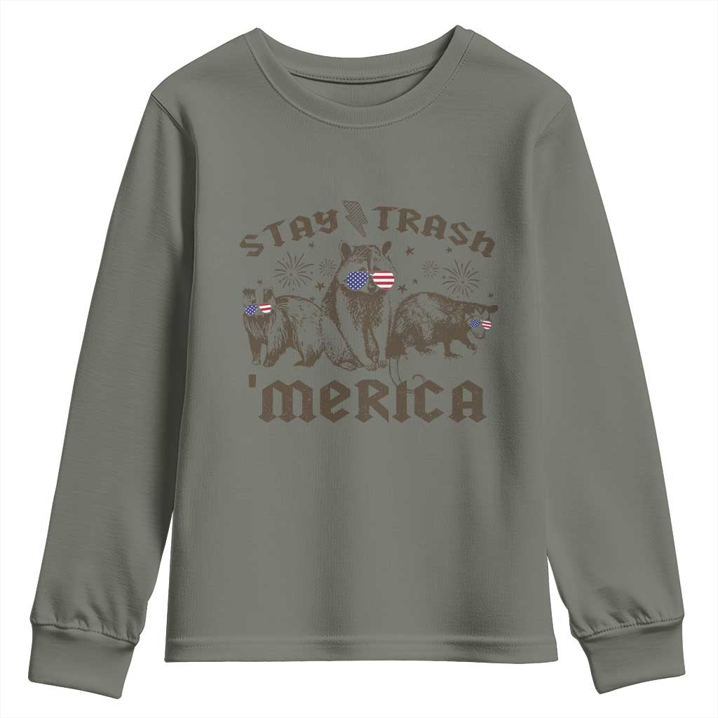 Funny Stay Trash Merica Youth Sweatshirt 4th Of July Racoon Opossum Badger TS11 Military Green Print Your Wear