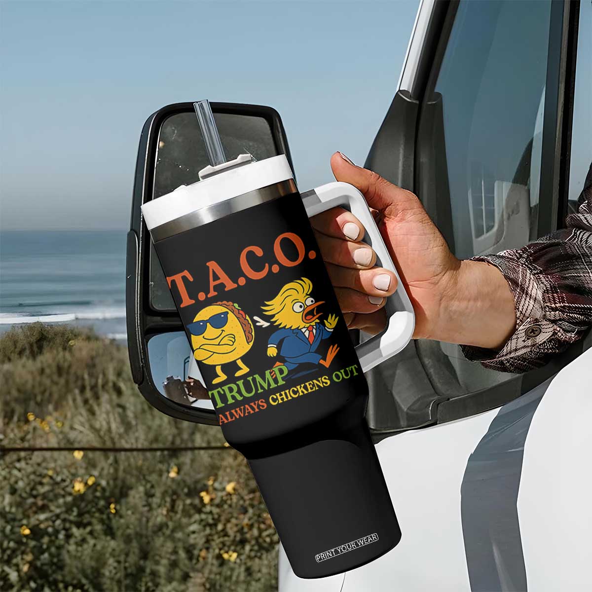 Funny TACO Cool Taco vs Trump Chicken Tumbler With Handle Trump Always Chickens Out TS02 Print Your Wear