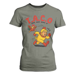 Funny TACO Running Chicken T Shirt For Women Trump Always Chickens Out Hilarious Political TS02 Military Green Print Your Wear