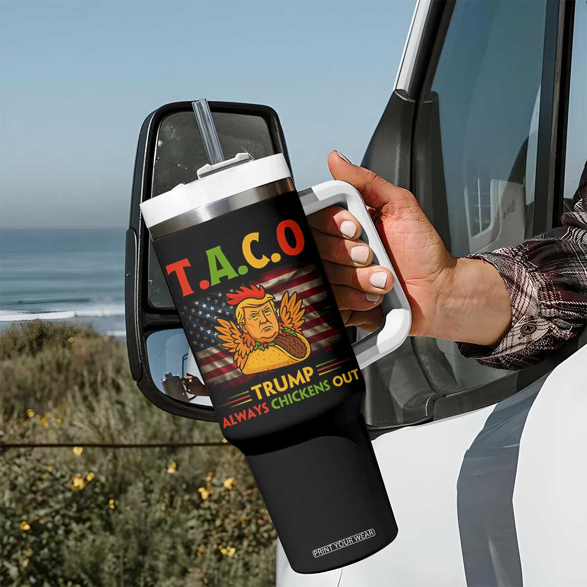 Funny TACO Trump Always Chickens Out Tumbler With Handle American Flag Political Parody TS02 Print Your Wear