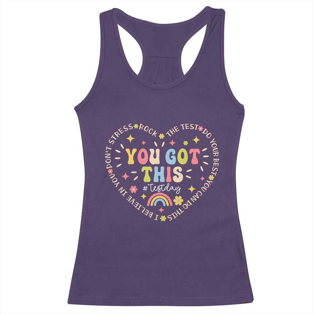 Funny Test Day You Got This Racerback Tank Top Testing Day Rock The Test Do Your Best Heart TS11 Purple Print Your Wear