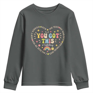 Funny Test Day You Got This Youth Sweatshirt Testing Day Rock The Test Do Your Best Heart TS11 Dark Heather Print Your Wear