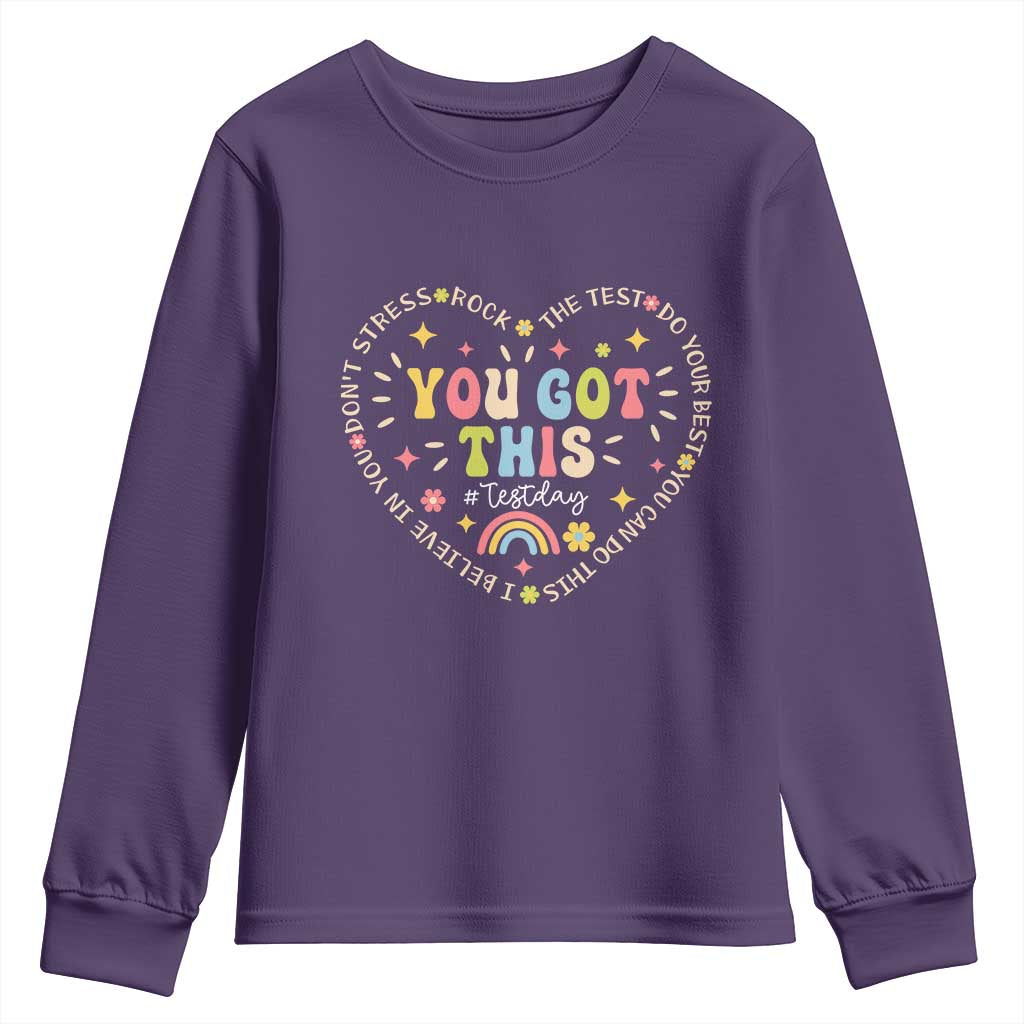 Funny Test Day You Got This Youth Sweatshirt Testing Day Rock The Test Do Your Best Heart TS11 Purple Print Your Wear