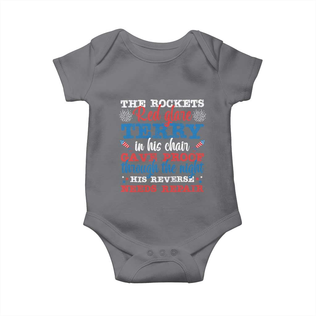 Funny The Rockets Red Glare Terry In His Chair His Reverse Needs Repair Baby Onesie 4th Of July Meme TS11 Charcoal Print Your Wear