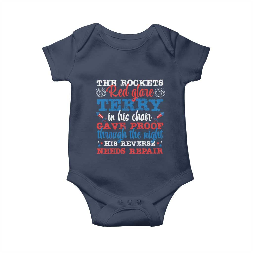Funny The Rockets Red Glare Terry In His Chair His Reverse Needs Repair Baby Onesie 4th Of July Meme TS11 Navy Print Your Wear