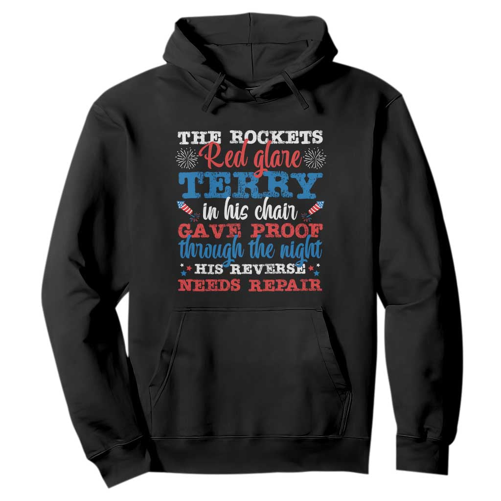 Funny The Rockets Red Glare Terry In His Chair His Reverse Needs Repair Hoodie 4th Of July Meme TS11 Black Print Your Wear