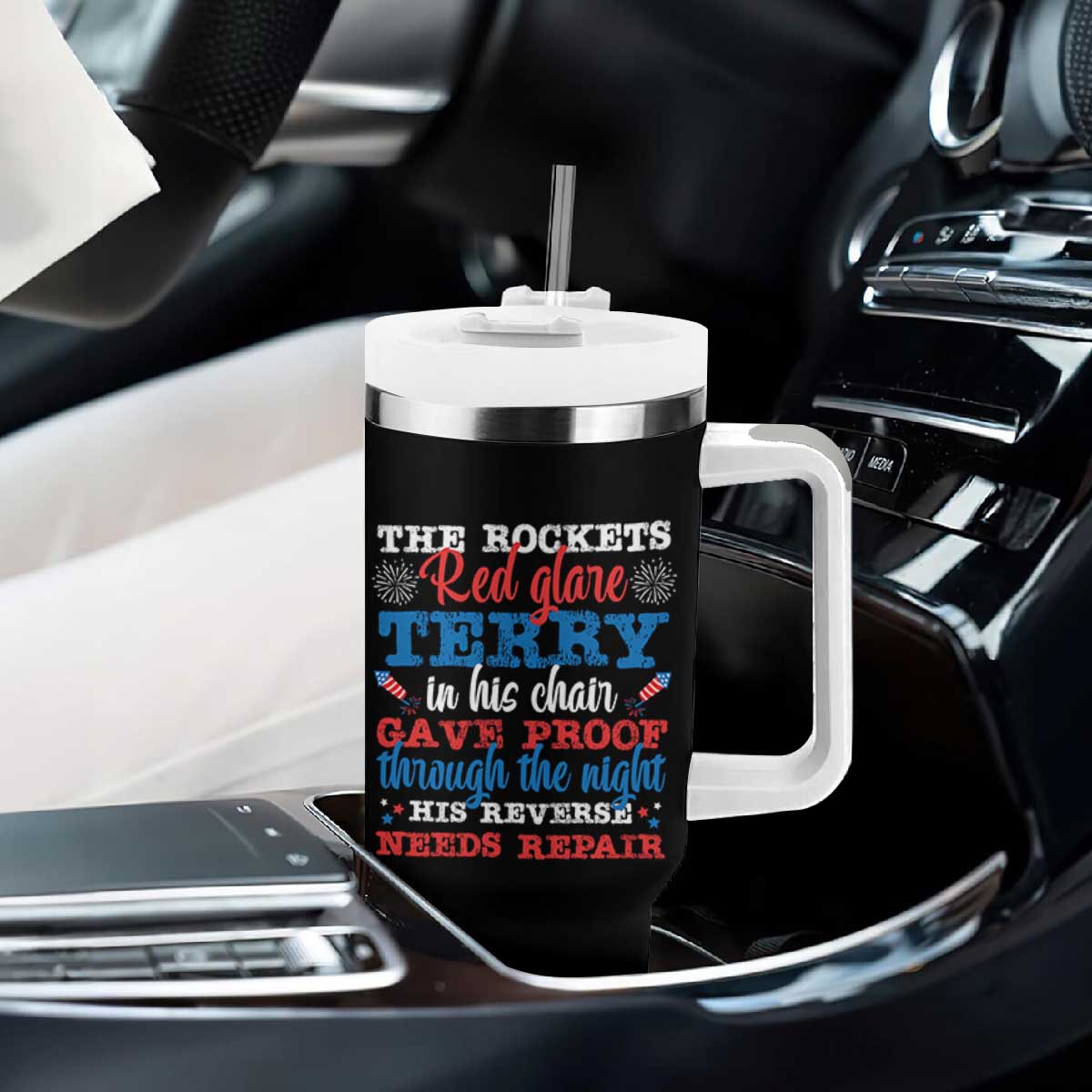 Funny The Rockets Red Glare Terry In His Chair His Reverse Needs Repair Tumbler With Handle 4th Of July Meme TS11 Print Your Wear