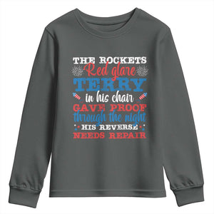 Funny The Rockets Red Glare Terry In His Chair His Reverse Needs Repair Youth Sweatshirt 4th Of July Meme TS11 Dark Heather Print Your Wear