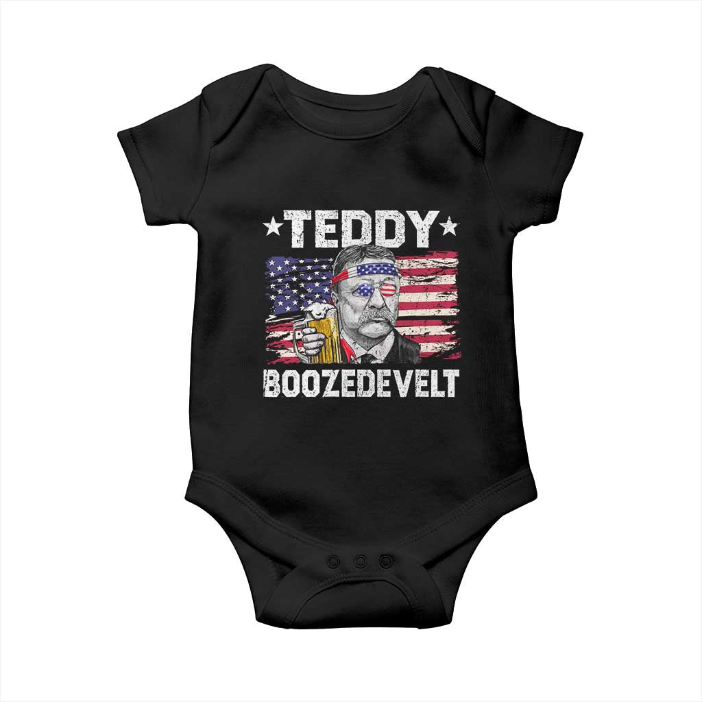 Funny Theodore Roosevelt 4th Of July Baby Onesie Teddy Boozedevelt Drinking American Flag TS10 Black Print Your Wear