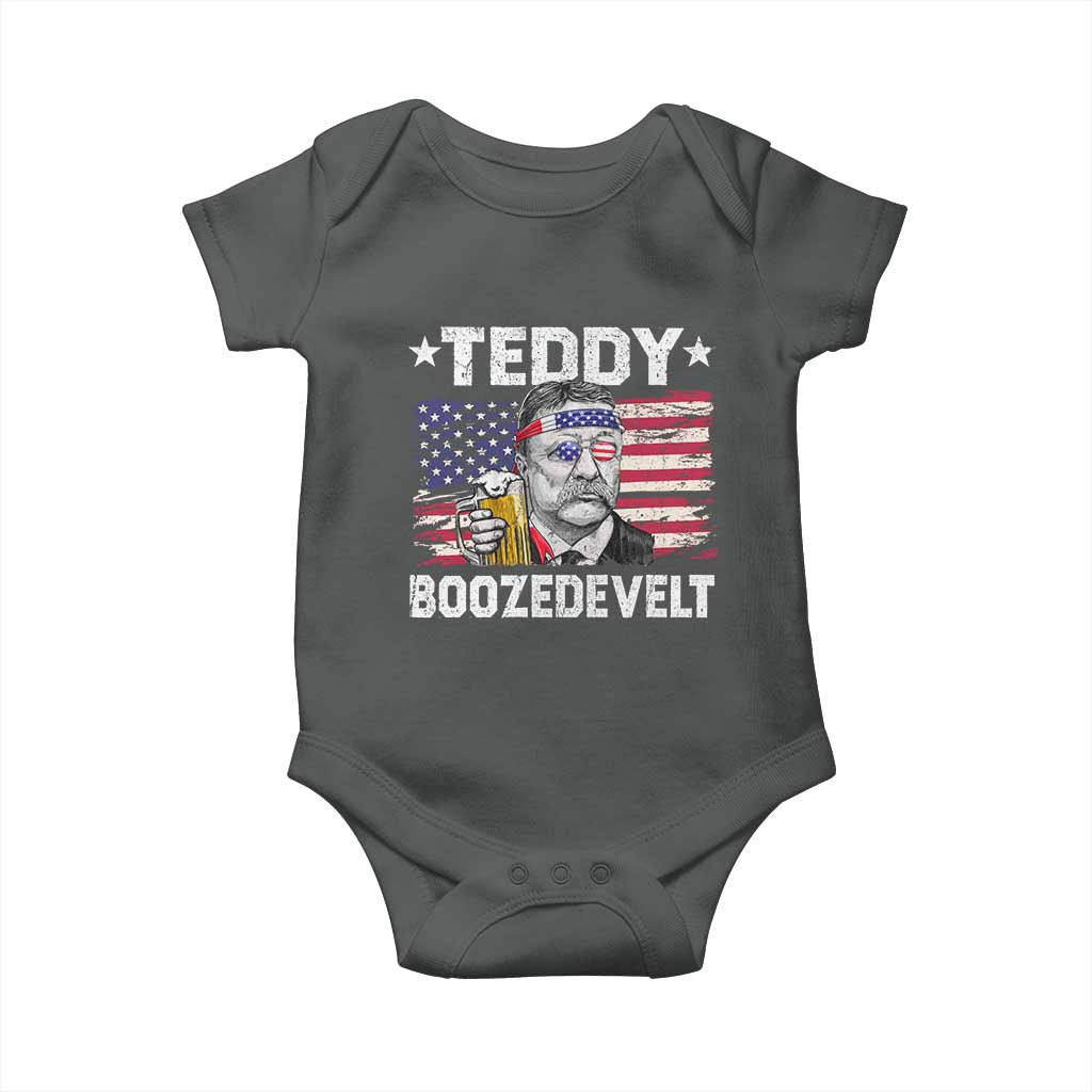 Funny Theodore Roosevelt 4th Of July Baby Onesie Teddy Boozedevelt Drinking American Flag TS10 Dark Heather Print Your Wear