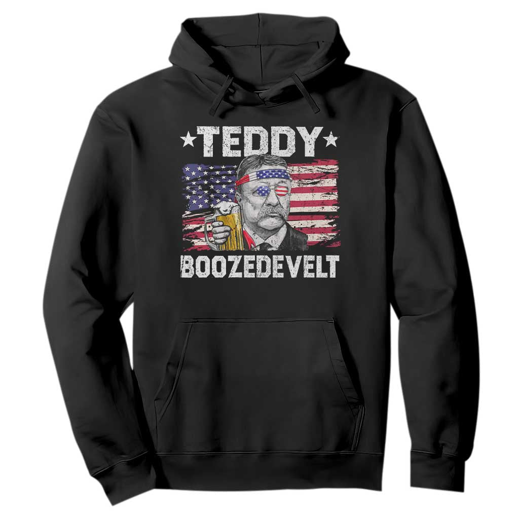 Funny Theodore Roosevelt 4th Of July Hoodie Teddy Boozedevelt Drinking American Flag TS10 Black Print Your Wear