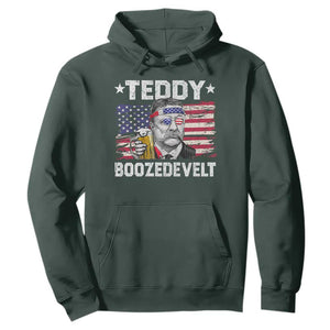 Funny Theodore Roosevelt 4th Of July Hoodie Teddy Boozedevelt Drinking American Flag TS10 Dark Forest Green Print Your Wear