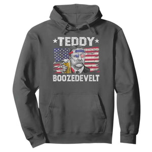 Funny Theodore Roosevelt 4th Of July Hoodie Teddy Boozedevelt Drinking American Flag TS10 Dark Heather Print Your Wear