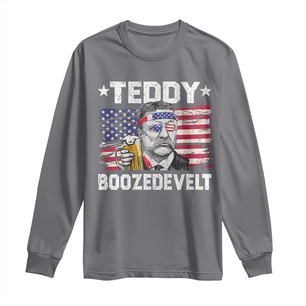 Funny Theodore Roosevelt 4th Of July Long Sleeve Shirt Teddy Boozedevelt Drinking American Flag TS10 Charcoal Print Your Wear
