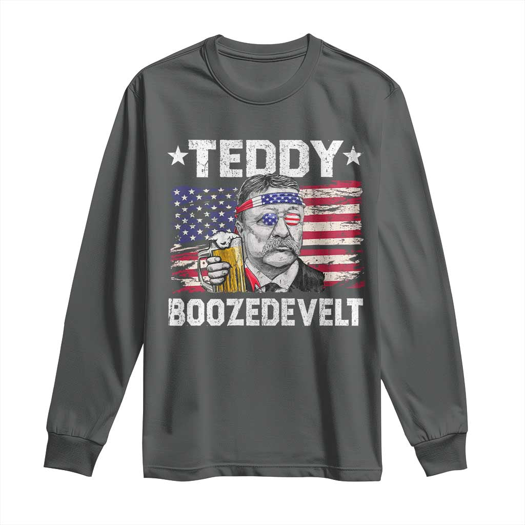 Funny Theodore Roosevelt 4th Of July Long Sleeve Shirt Teddy Boozedevelt Drinking American Flag TS10 Dark Heather Print Your Wear