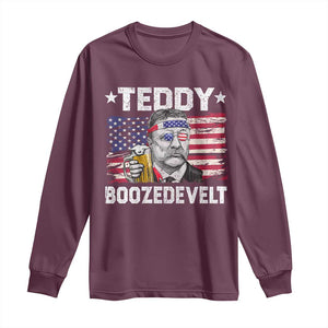 Funny Theodore Roosevelt 4th Of July Long Sleeve Shirt Teddy Boozedevelt Drinking American Flag TS10 Maroon Print Your Wear