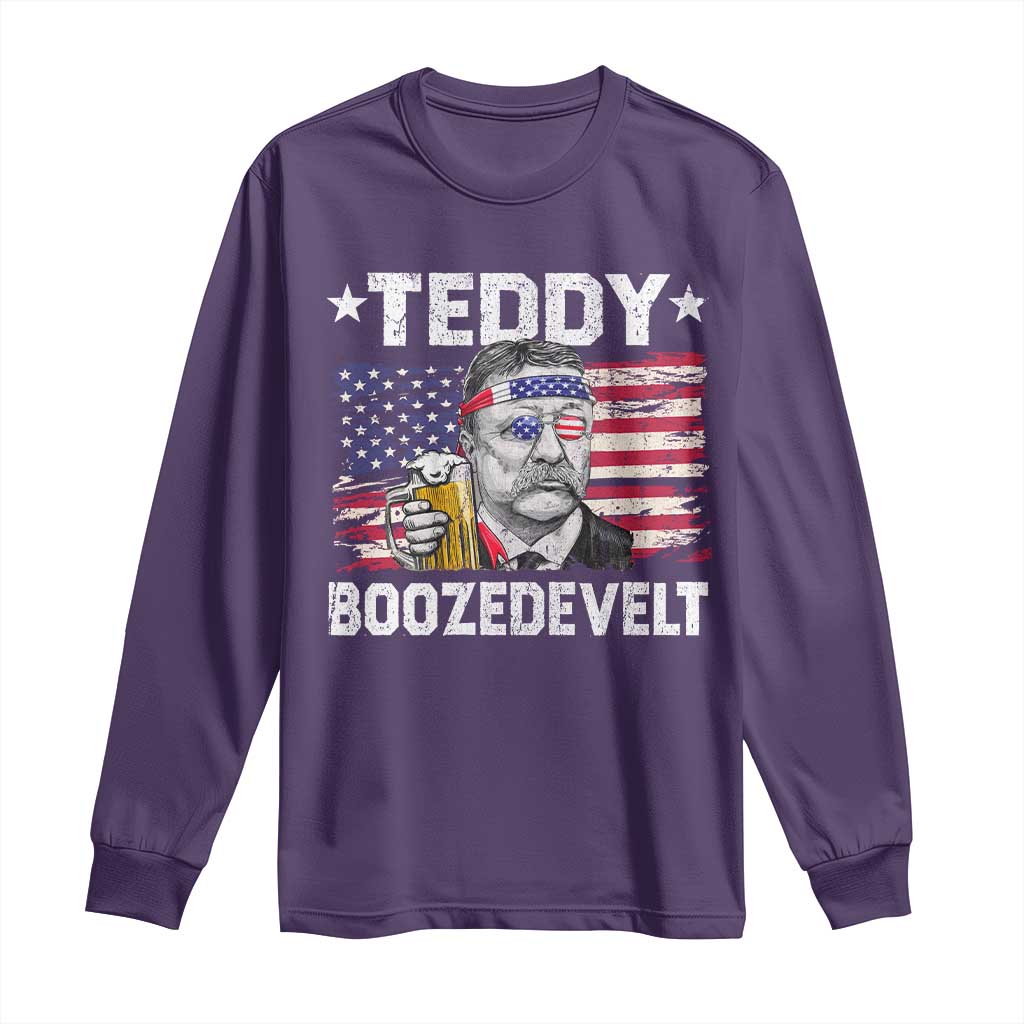Funny Theodore Roosevelt 4th Of July Long Sleeve Shirt Teddy Boozedevelt Drinking American Flag TS10 Purple Print Your Wear