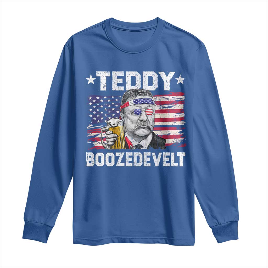 Funny Theodore Roosevelt 4th Of July Long Sleeve Shirt Teddy Boozedevelt Drinking American Flag TS10 Royal Blue Print Your Wear