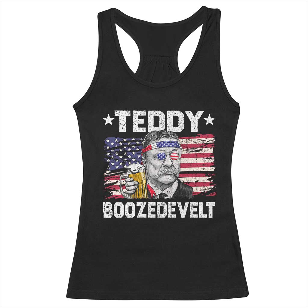 Funny Theodore Roosevelt 4th Of July Racerback Tank Top Teddy Boozedevelt Drinking American Flag TS10 Black Print Your Wear
