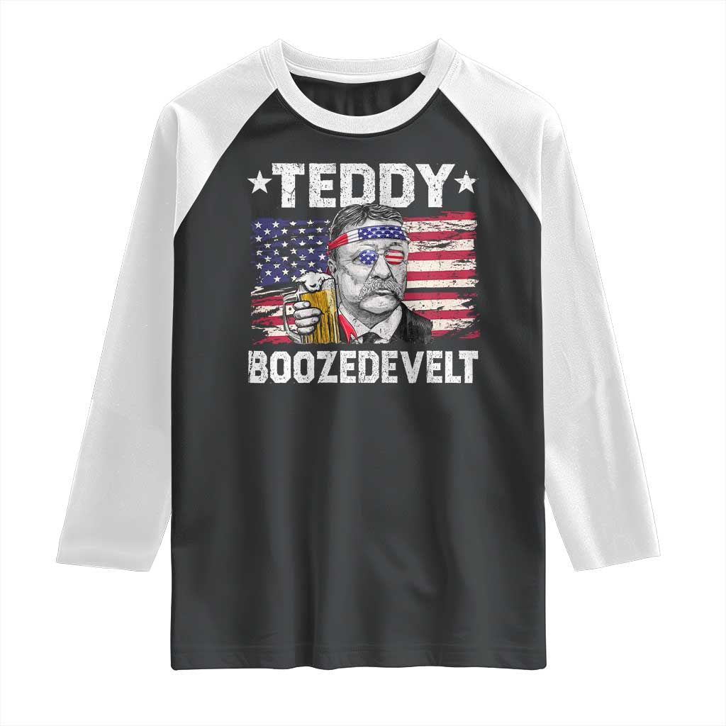 Funny Theodore Roosevelt 4th Of July Raglan Shirt Teddy Boozedevelt Drinking American Flag TS10 Black White Print Your Wear