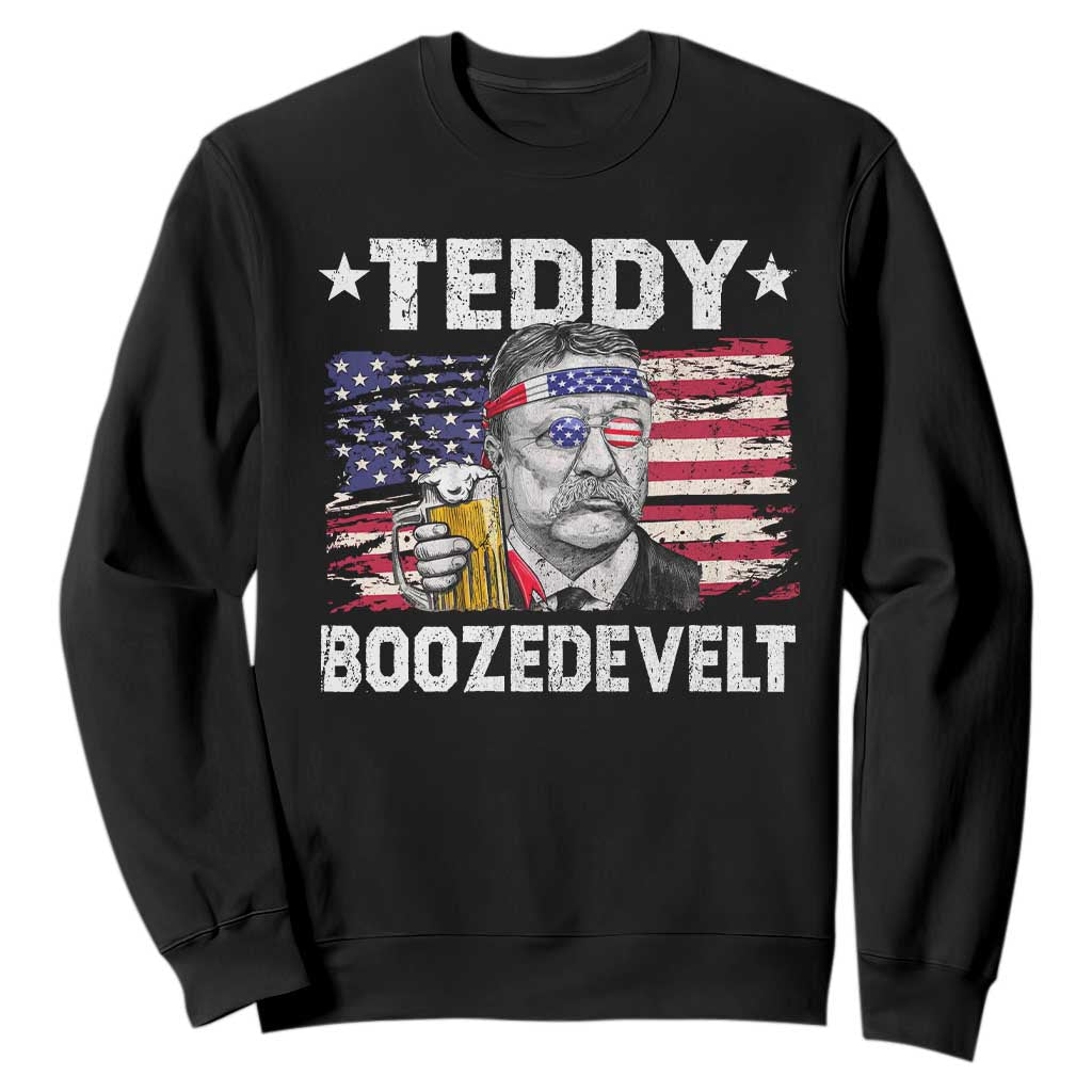 Funny Theodore Roosevelt 4th Of July Sweatshirt Teddy Boozedevelt Drinking American Flag TS10 Black Print Your Wear