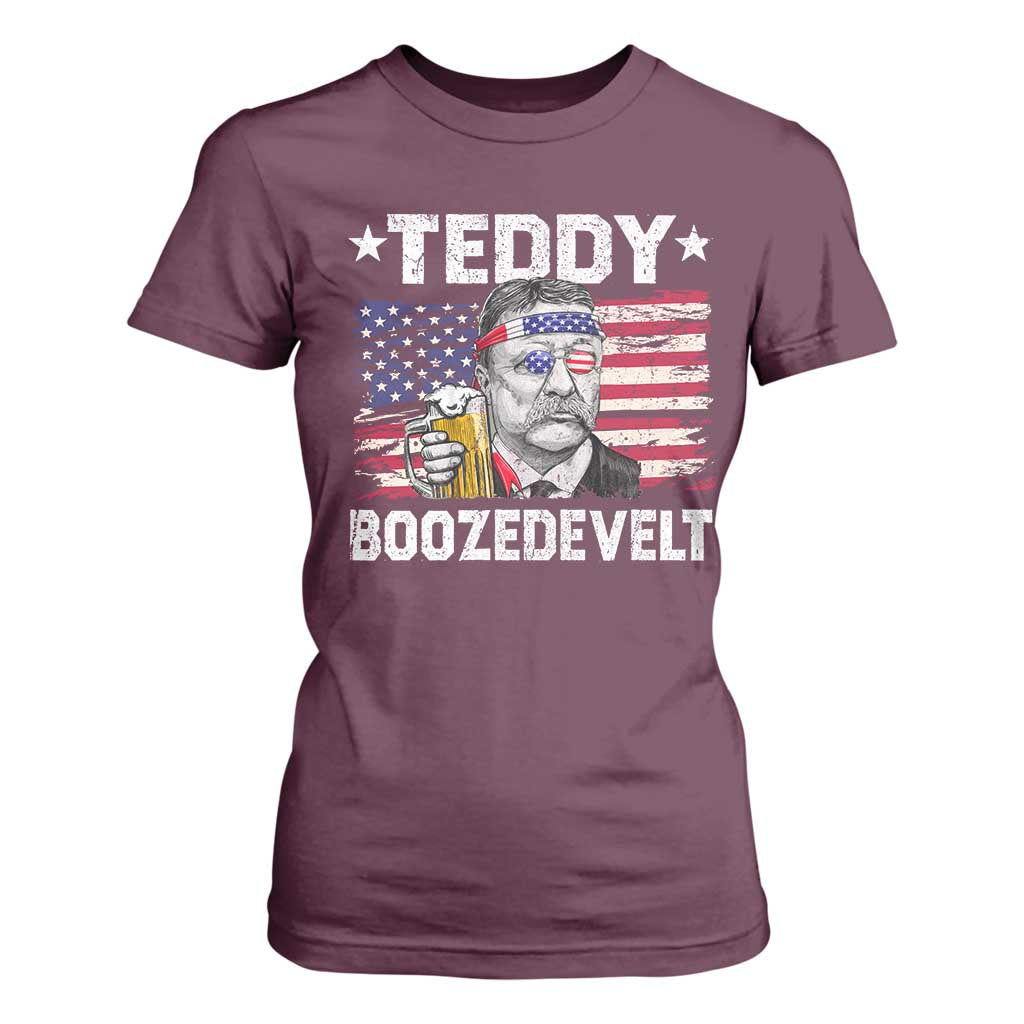 Funny Theodore Roosevelt 4th Of July T Shirt For Women Teddy Boozedevelt Drinking American Flag TS10 Maroon Print Your Wear