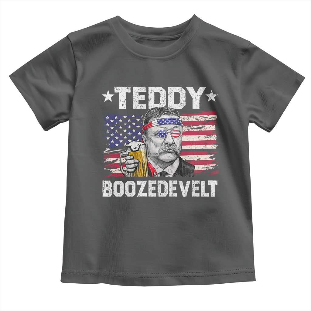 Funny Theodore Roosevelt 4th Of July Toddler T Shirt Teddy Boozedevelt Drinking American Flag TS10 Dark Heather Print Your Wear
