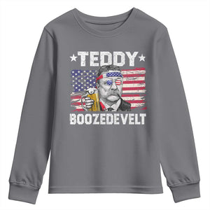 Funny Theodore Roosevelt 4th Of July Youth Sweatshirt Teddy Boozedevelt Drinking American Flag TS10 Charcoal Print Your Wear