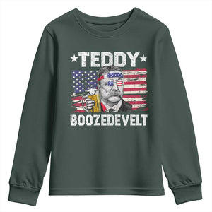 Funny Theodore Roosevelt 4th Of July Youth Sweatshirt Teddy Boozedevelt Drinking American Flag TS10 Dark Forest Green Print Your Wear