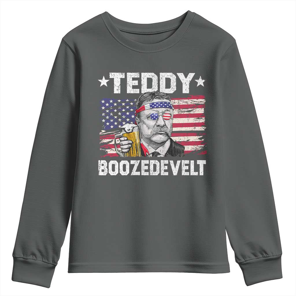 Funny Theodore Roosevelt 4th Of July Youth Sweatshirt Teddy Boozedevelt Drinking American Flag TS10 Dark Heather Print Your Wear