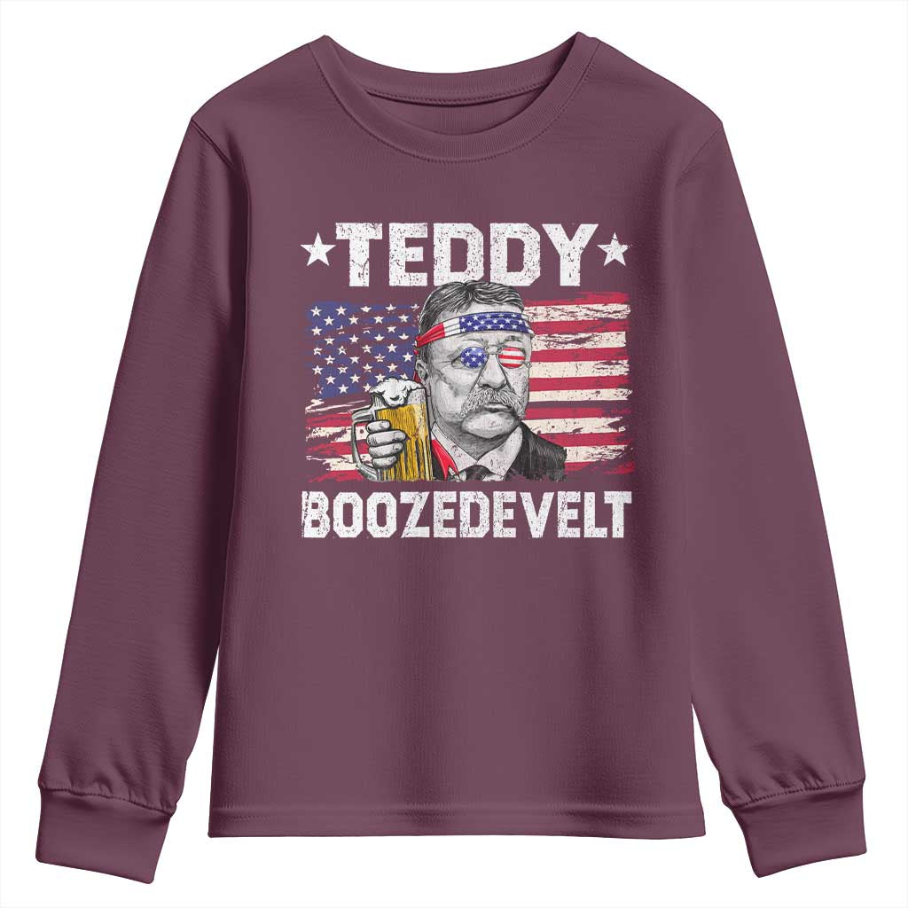 Funny Theodore Roosevelt 4th Of July Youth Sweatshirt Teddy Boozedevelt Drinking American Flag TS10 Maroon Print Your Wear