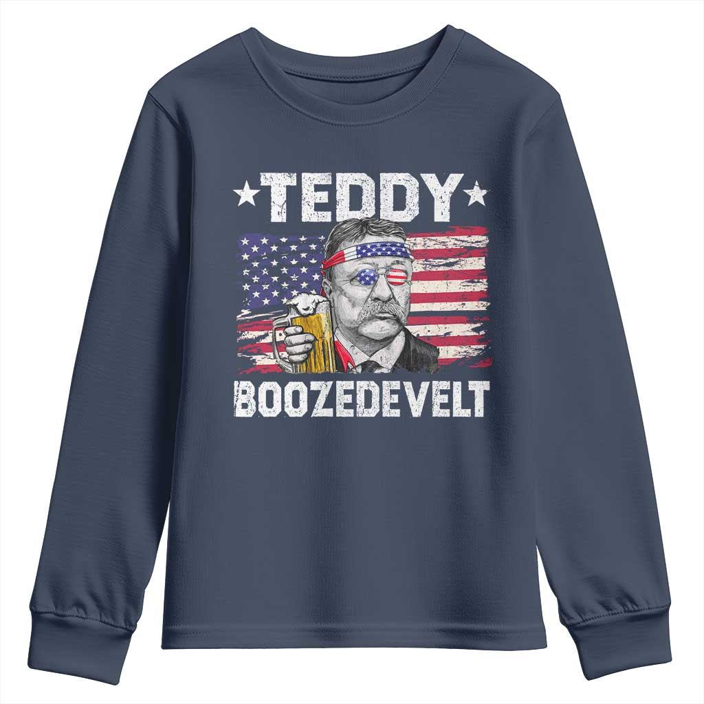 Funny Theodore Roosevelt 4th Of July Youth Sweatshirt Teddy Boozedevelt Drinking American Flag TS10 Navy Print Your Wear