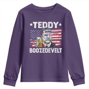 Funny Theodore Roosevelt 4th Of July Youth Sweatshirt Teddy Boozedevelt Drinking American Flag TS10 Purple Print Your Wear