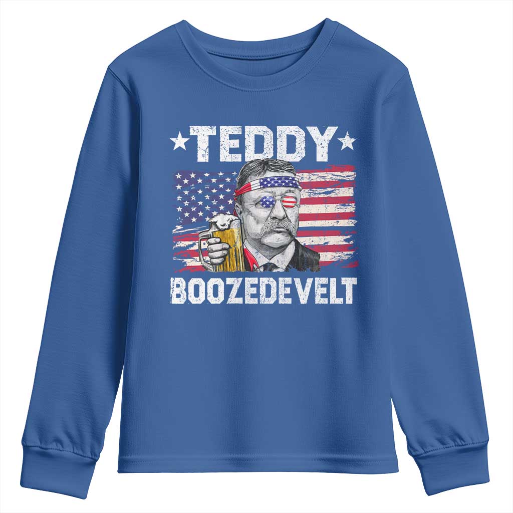 Funny Theodore Roosevelt 4th Of July Youth Sweatshirt Teddy Boozedevelt Drinking American Flag TS10 Royal Blue Print Your Wear