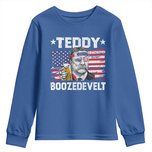 Funny Theodore Roosevelt 4th Of July Youth Sweatshirt Teddy Boozedevelt Drinking American Flag TS10 Royal Blue Print Your Wear
