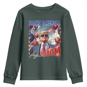 Funny Trump 4th of July Youth Sweatshirt Make America Boom Again American Flag TS11 Dark Forest Green Print Your Wear