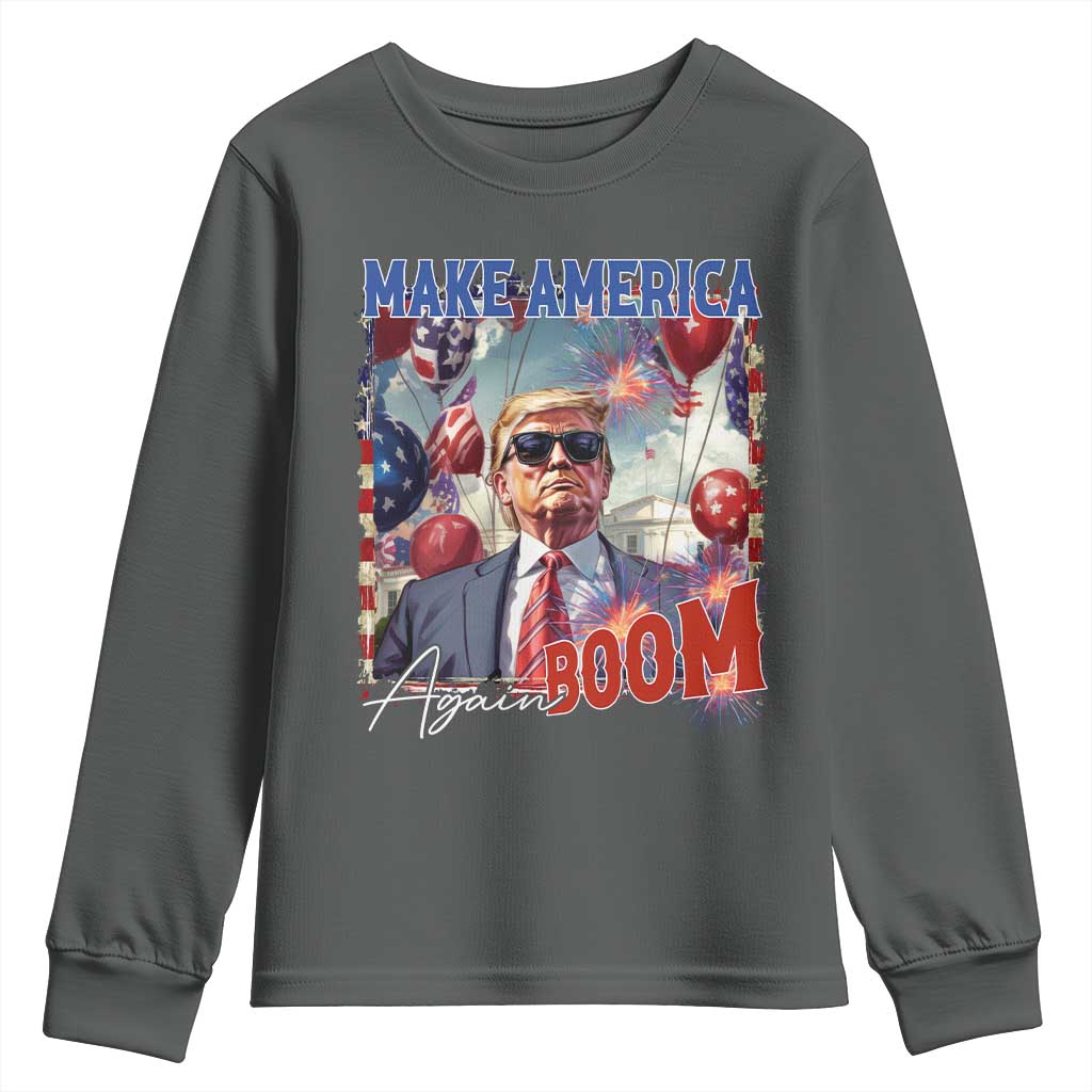 Funny Trump 4th of July Youth Sweatshirt Make America Boom Again American Flag TS11 Dark Heather Print Your Wear