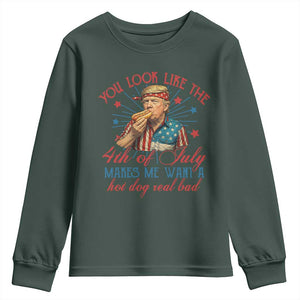Funny Trump You Look Like The 4th Of July Makes Me Want A Hot Dog Real Bad Youth Sweatshirt Trump Patriotic TS11 Dark Forest Green Print Your Wear