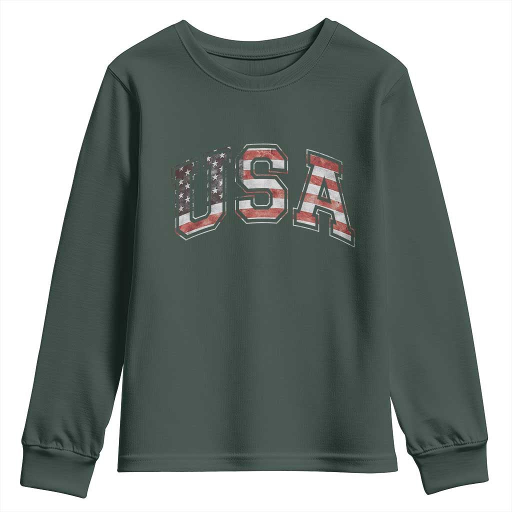 Funny USA Patriotic 4th of July American Flag Youth Sweatshirt TS11 Dark Forest Green Print Your Wear