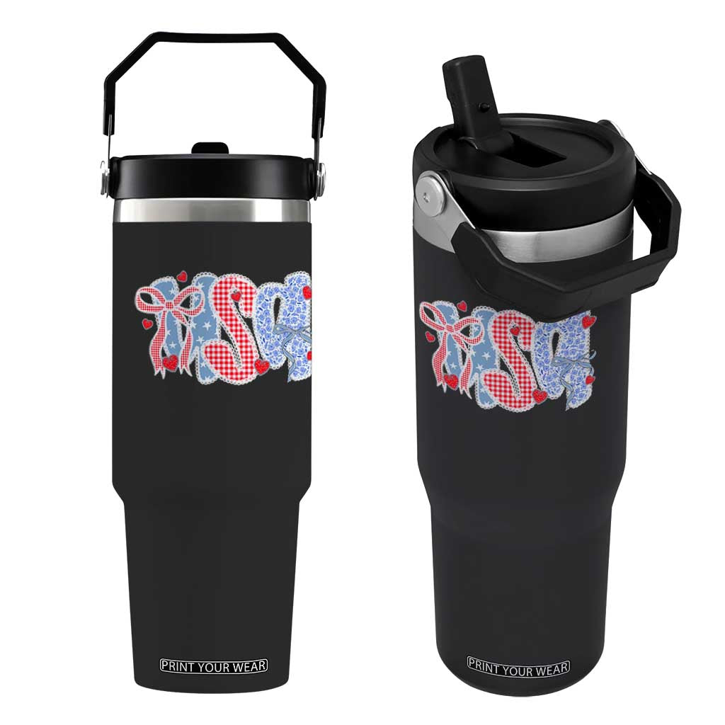 Funny USA Patriotic 4th of July Coquette Bow Flip Straw Tumbler TS11 One Size: 30 oz Black Print Your Wear