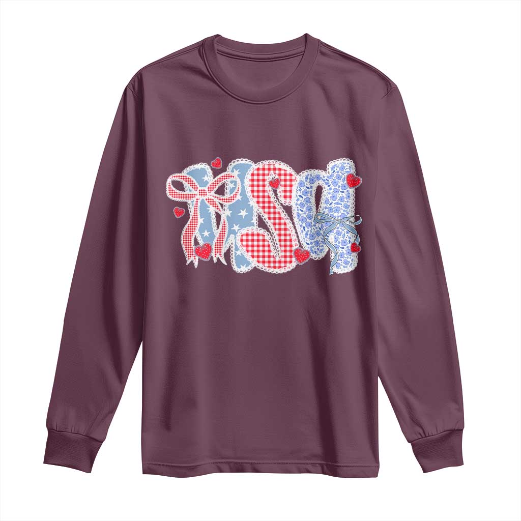 Funny USA Patriotic 4th of July Coquette Bow Long Sleeve Shirt TS11 Maroon Print Your Wear