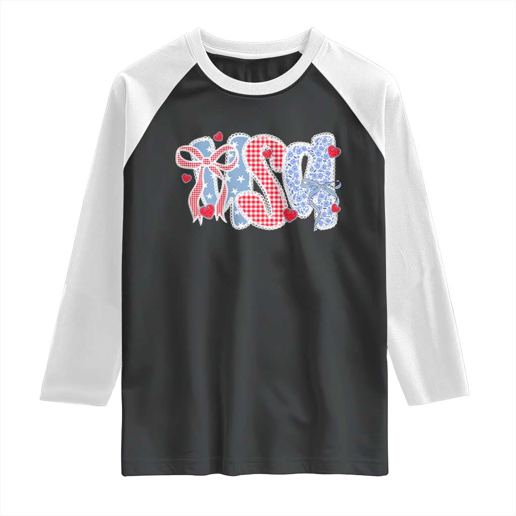 Funny USA Patriotic 4th of July Coquette Bow Raglan Shirt TS11 Black White Print Your Wear