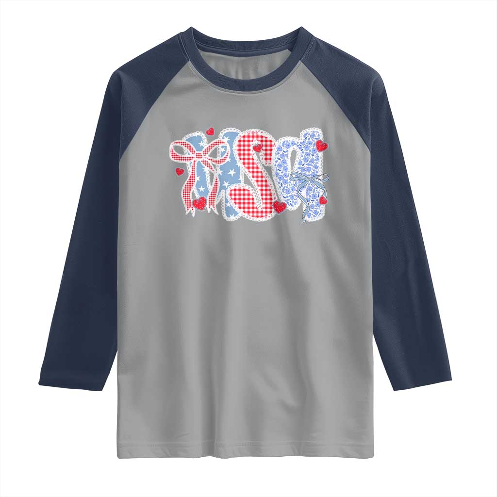 Funny USA Patriotic 4th of July Coquette Bow Raglan Shirt TS11 Sport Gray Navy Print Your Wear